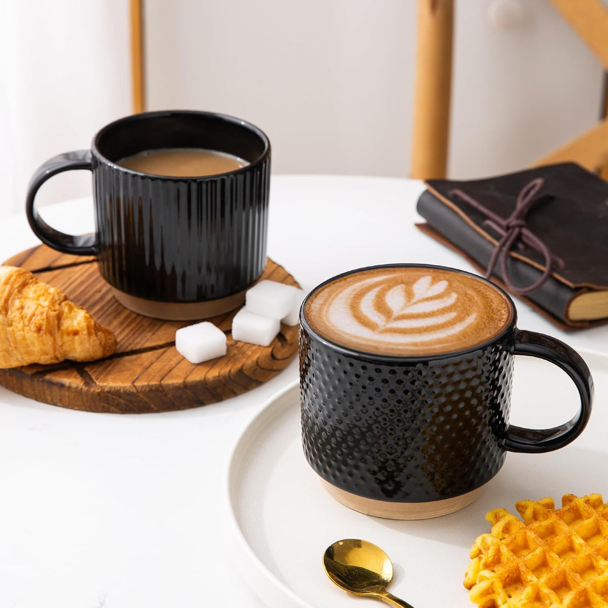 GBHOME 12OZ Stackable Coffee Mugs, Ceramic Coffee Mugs with Texture Patterns for Man,Woman,Dad,Mom, Modern Coffee Mugs Set of 4 for Latte/Cappuccino/Cocoa. Dishwasher&Microwave Safe, Black