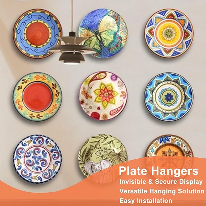 Plate Hangers for The Wall - Stainless Steel Invisible Heavy Duty Wire Plate Holder for 13-14 Inch Decorative Plates, Art Plates & Ceramic Plates with Wall Hooks