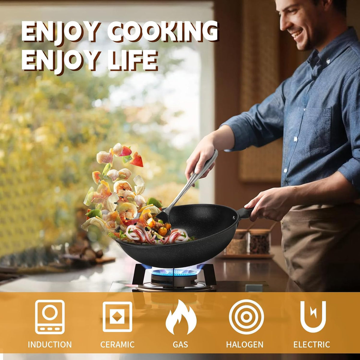 AOSION 13'' Nonstick Wok, Woks & Stir-Fry Pans Non Stick Wok with Lid and Steamer Basket Spatula Ladle, 100% PFOA Free Induction Wok Pan for Electric, Gas, Halogen, All Stoves