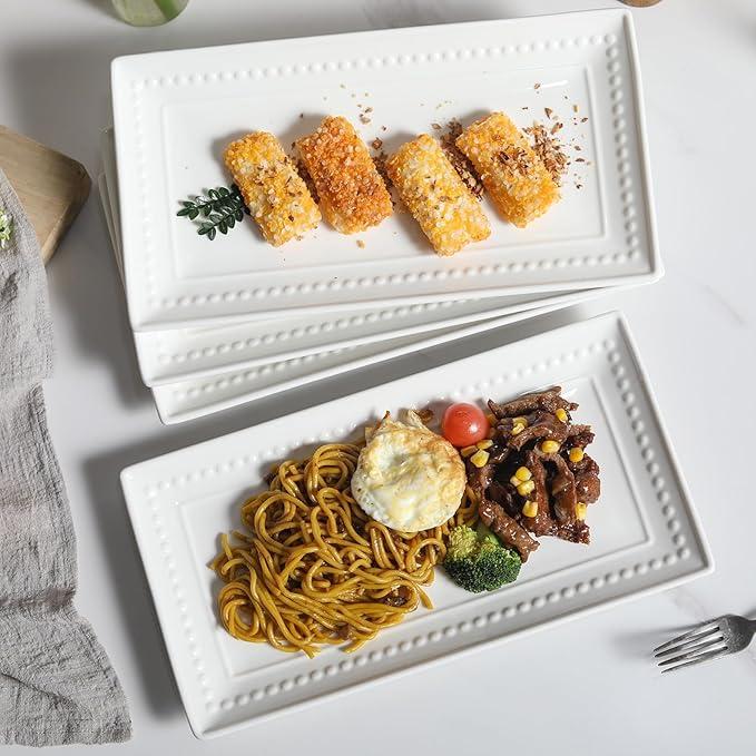 14 inch Ceramic Serving Platter - Rectangular Serving Trays Set of 4, Large Embossed Plates, Porcelain White Platters for Steak, Appetizer, Dessert, Tacos, Housewarming, Oven Dishwasher Safe