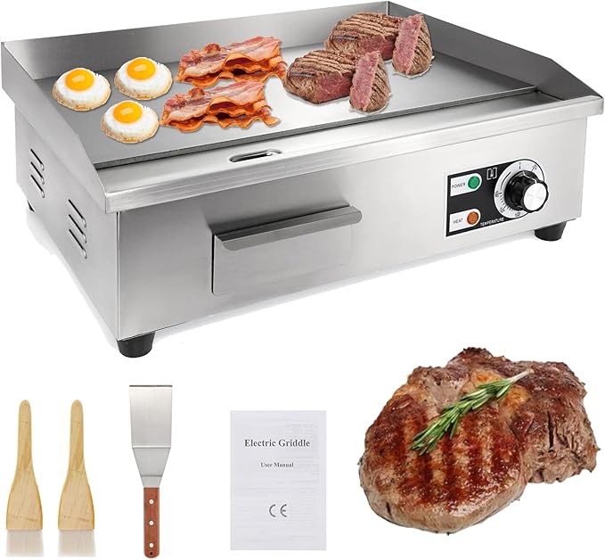 IRONWALLS Commercial Electric Griddle 22”, 3000W Electric Flat Top Griddle Grill Indoor with 122~572℉ Adjustable Temperature Control, Non-stick Stainless Steel Teppanyaki Grill for Restaurant, Hotel