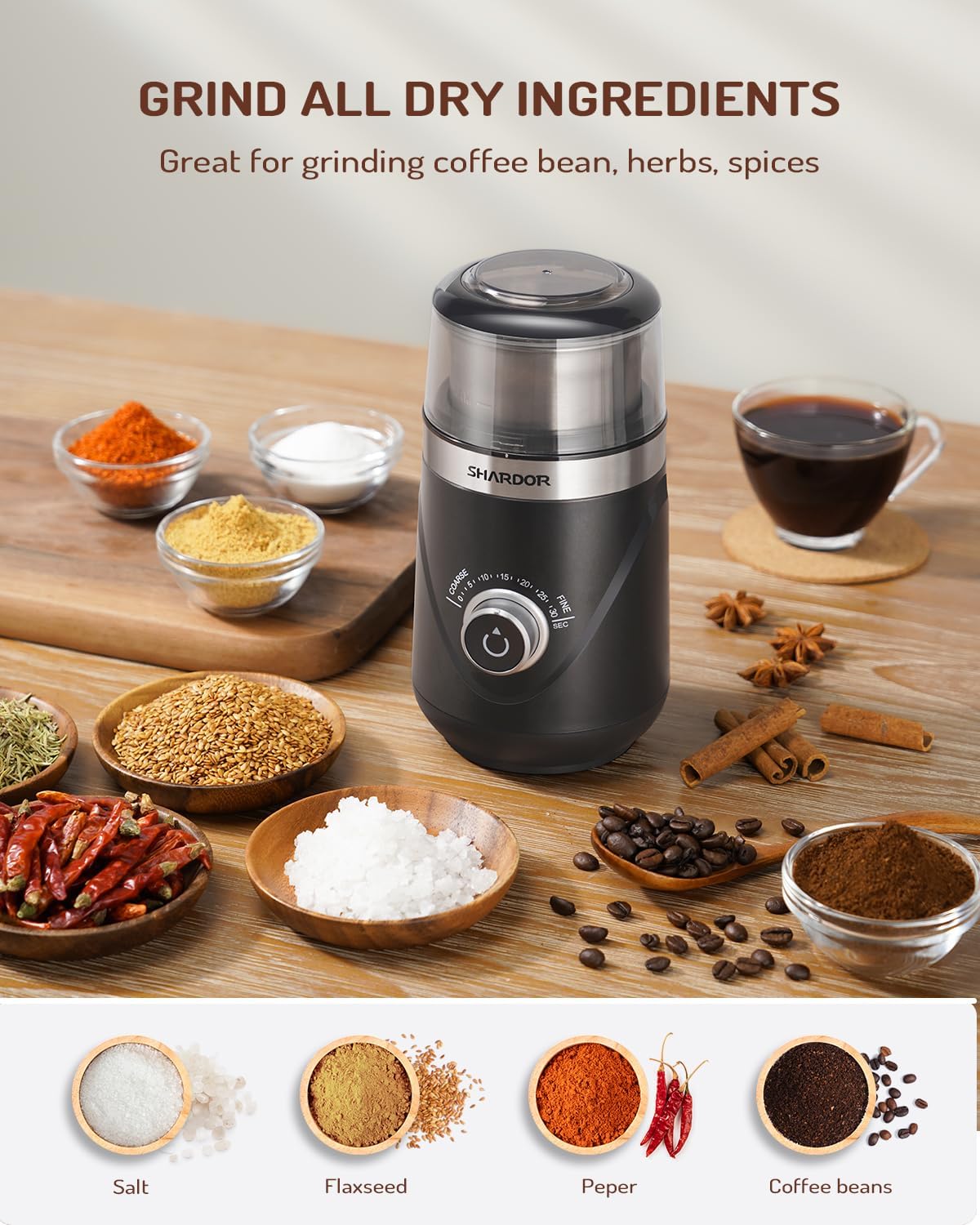 SHARDOR Adjustable Coffee Bean Grinder Electric, Herb/Spice, Espresso Grinder with 1 Removable Stainless Steel Bowl, Matte Black