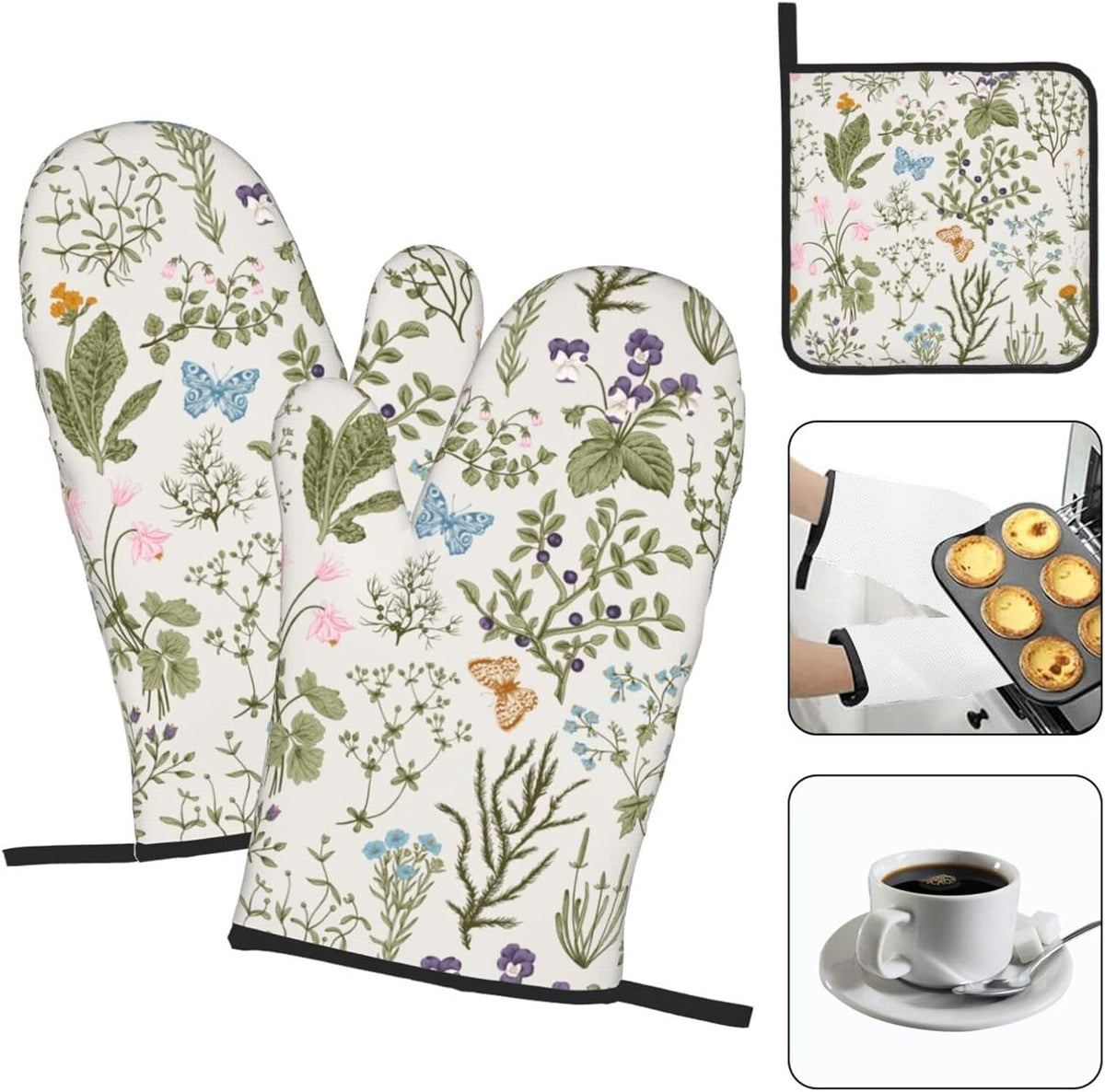 Vintage Floral Oven Mitts and Pot Holders Sets of 3 Cute Botanic Hot Pads Herbs and Wild Flowers Oven Gloves Heat Resistant Washable for Kitchen Cooking Grilling Baking