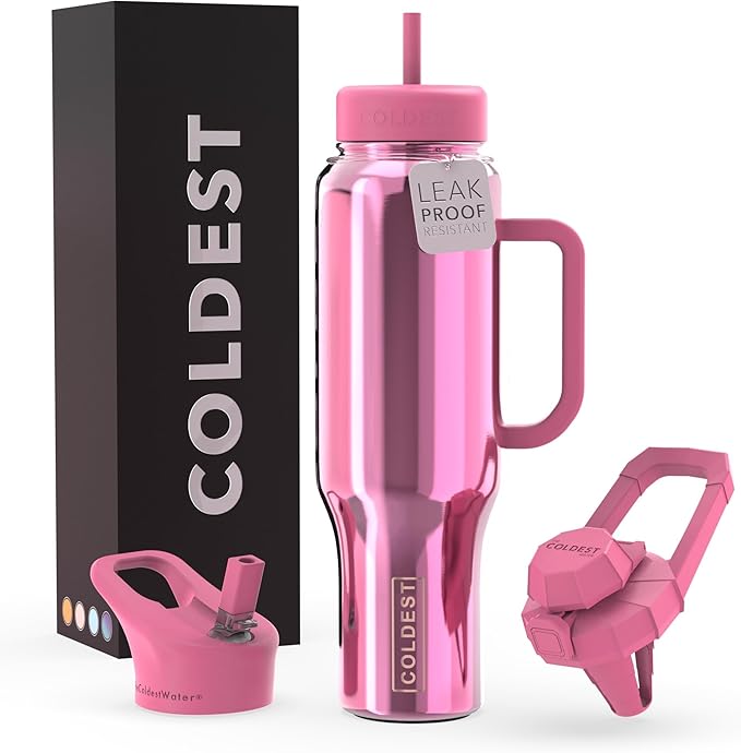 Coldest Tumbler with Handle and Straw - 100% Spill Proof Tumbler with Straw (3 Lids) - Stainless Steel Insulated Leakproof Tumblers for Women & Men - 46 oz (Pink Reflections)