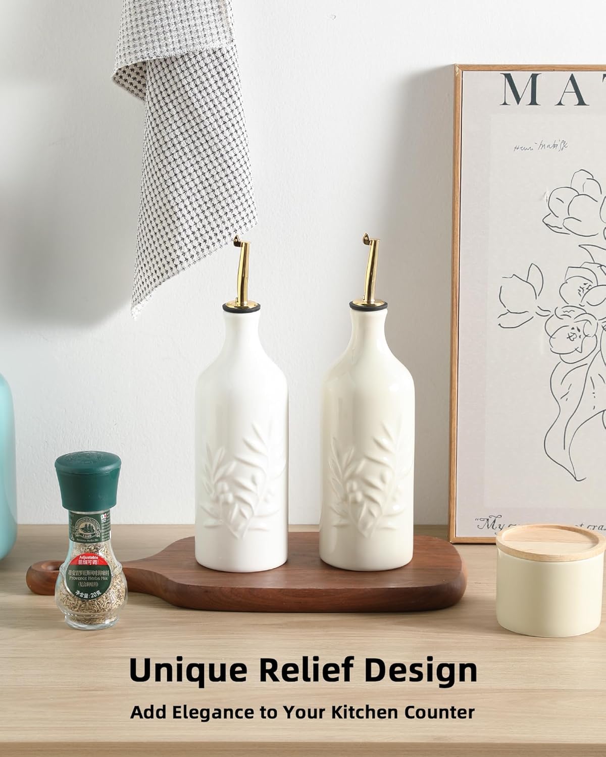 Sweejar Ceramic Olive Oil Dispenser Bottle 20 Oz Relief Opaque Oil Cruet Protects To Reduce Oxidation Suitable for Storage Vinegar, Soy Sauce, Coffee Syrup, Liquids, Set of 1 (Beige Gold Spout)