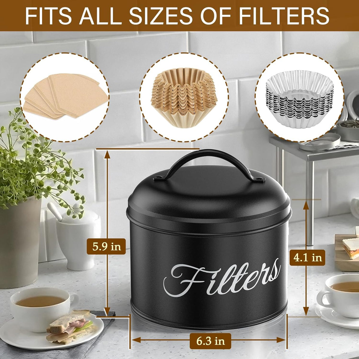 Coffee Filter Holder for Counter, Large Basket Coffee Filter Storage with Lid, Round Container for Bar Accessories Decor (Black)