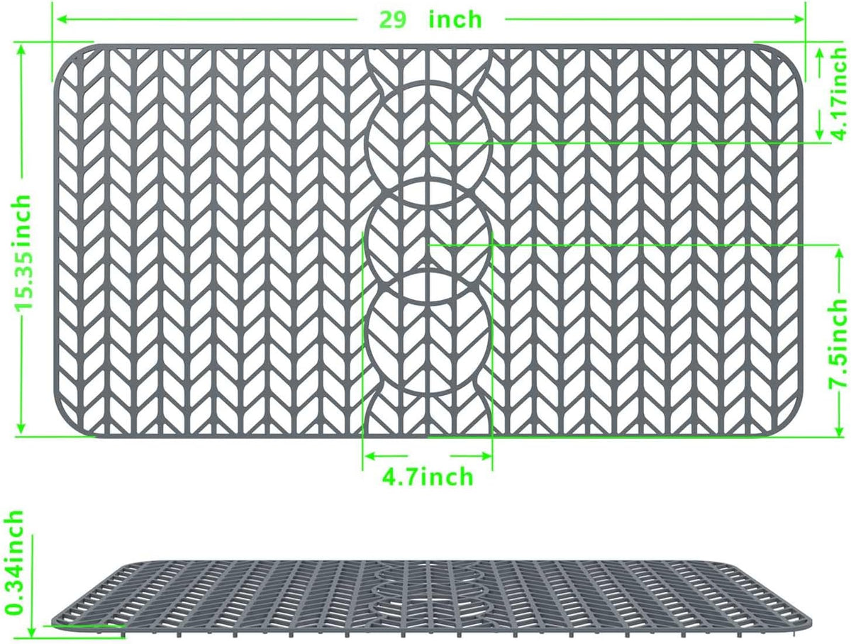 GUUKIN Sink Protectors for Kitchen Mat - 29"x 15.35" Silicone Kitchen Sink Mat Grid for Bottom of Farmhouse Stainless Steel Porcelain with 3 Reserved Holes（Grey）