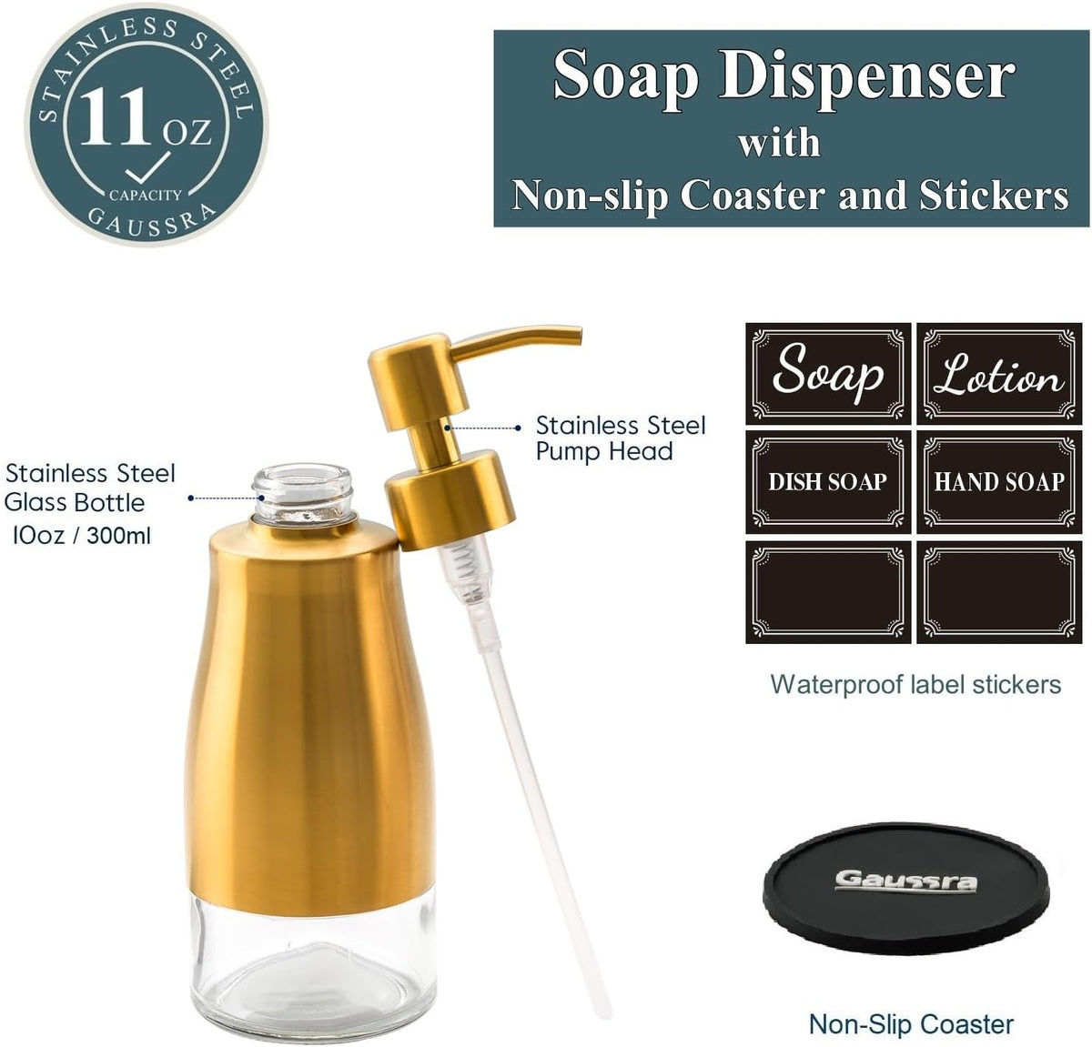 Soap Dispenser with Coaster and Stickers, Brushed Gold Stainless Steel Glass Hand Pump Dispenser, Anti Rust Bottle, for Kitchen & Bathroom Detergent Bottle，Refillable Hand Liquid Dispenser