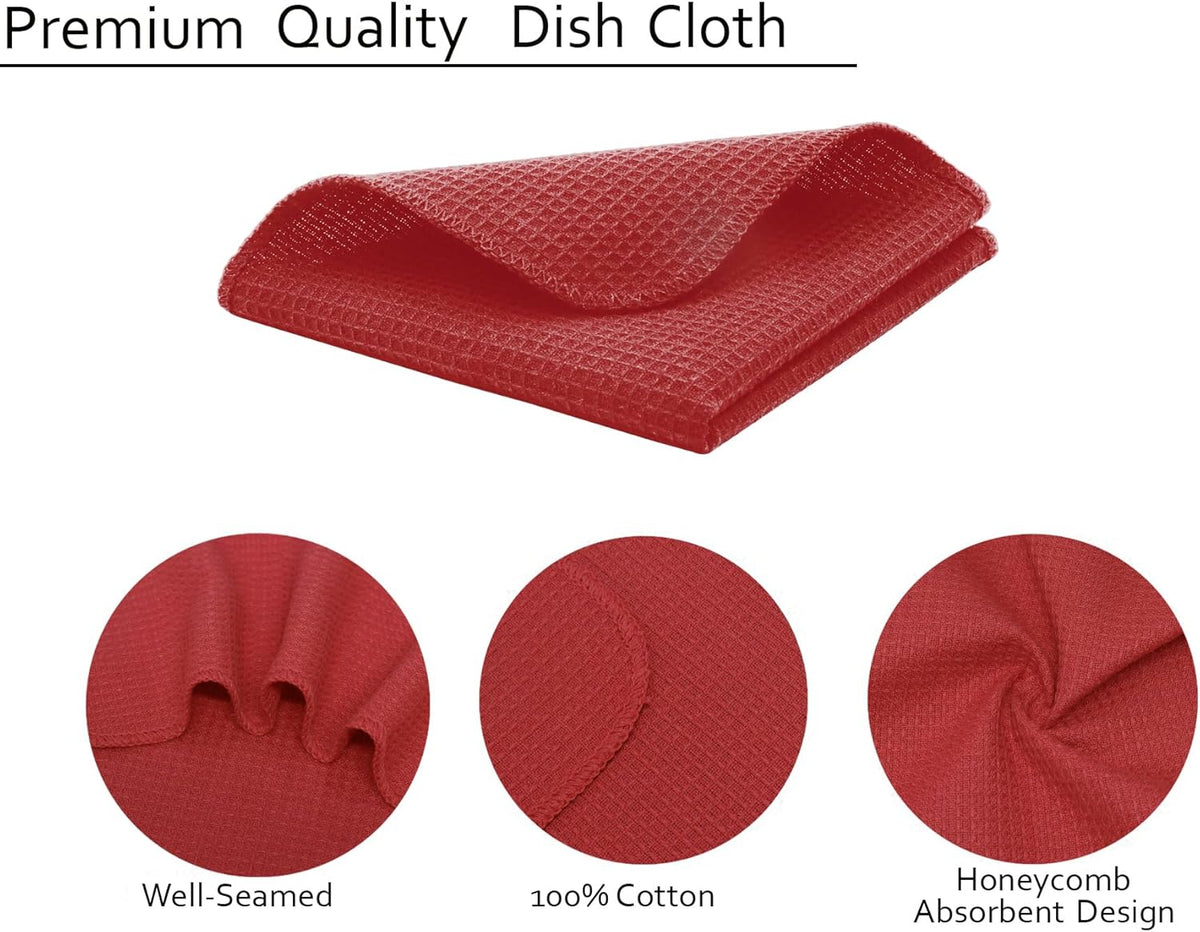 PurpleEssences Dish Cloths and Dish Rags - 6 Pack Waffle Weave Solid Kitchen Dish Wash Cloths, 100% Cotton, 12 x 12 Inches, Ultra Soft Absorbent Quick Drying - Red