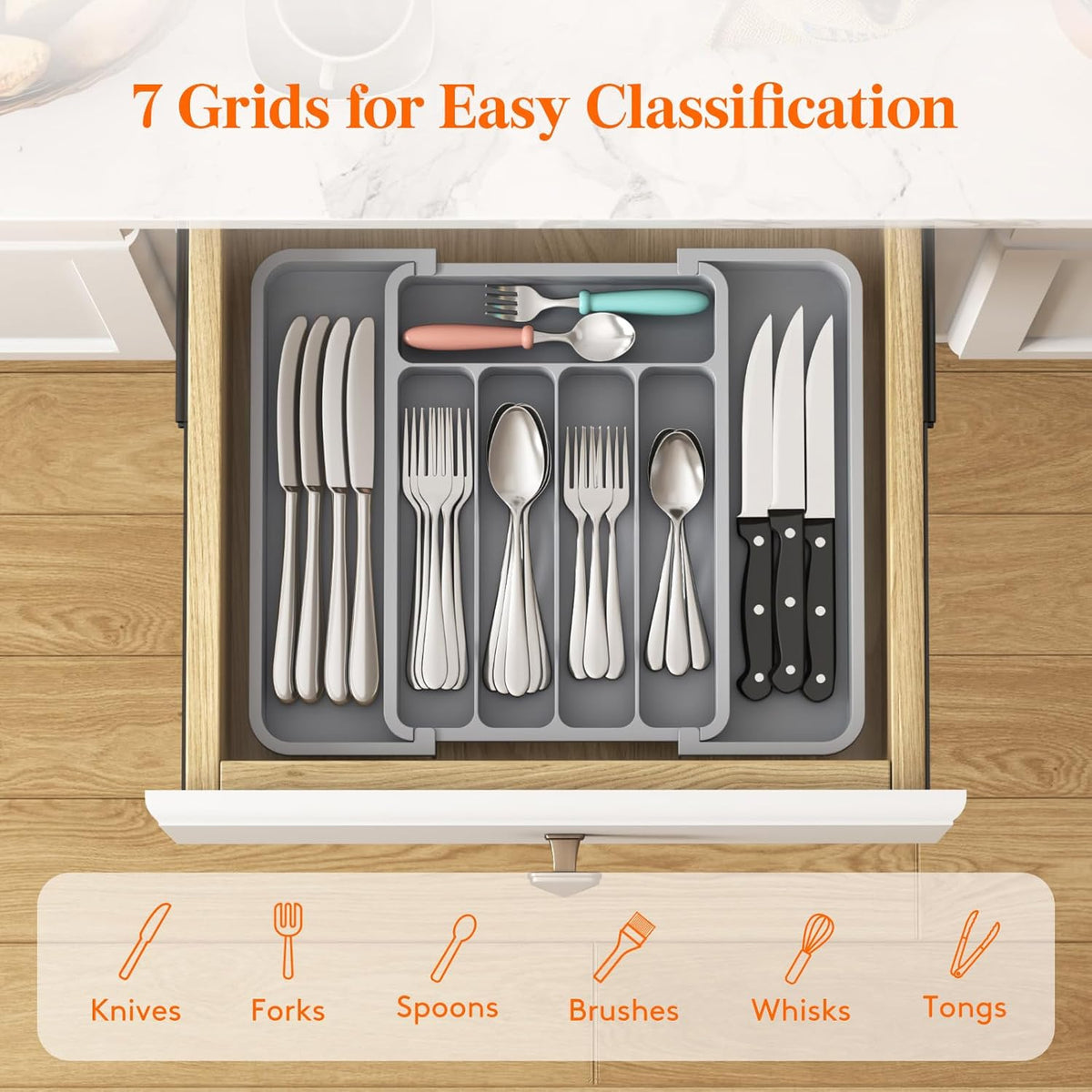Lifewit Silverware Drawer Organizer, Expandable BPA Free Utensil Tray for Kitchen, Adjustable Flatware and Cutlery Holder for Spoons Forks Knives, Plastic Kitchen Organizers and Storage, Gray