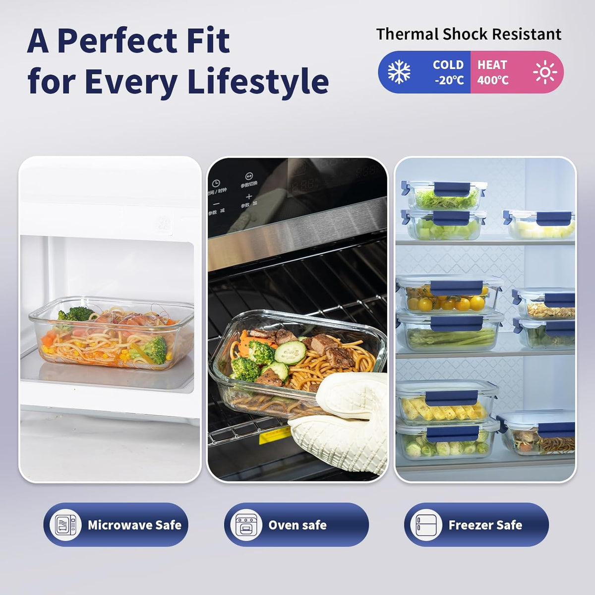 GENICOOK 30 Pieces Glass Food Storage Containers with Snap Locking Lids,Glass Meal Prep Containers Set - Airtight Lunch Containers, Microwave, Oven, Freezer and Dishwasher BLUE