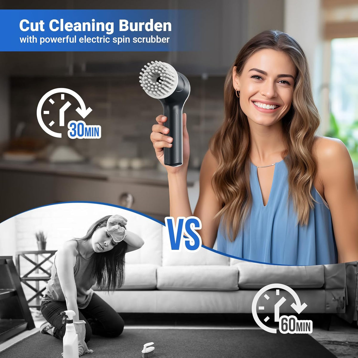 Electric Spin Scrubber, Cordless Shower Scrubber with Battery Level Display, 2 Speeds Electric Scrubber for Cleaning with 6 Replaceable Heads, Cleaning Brush for Bathroom/Sink/Window (Gray)