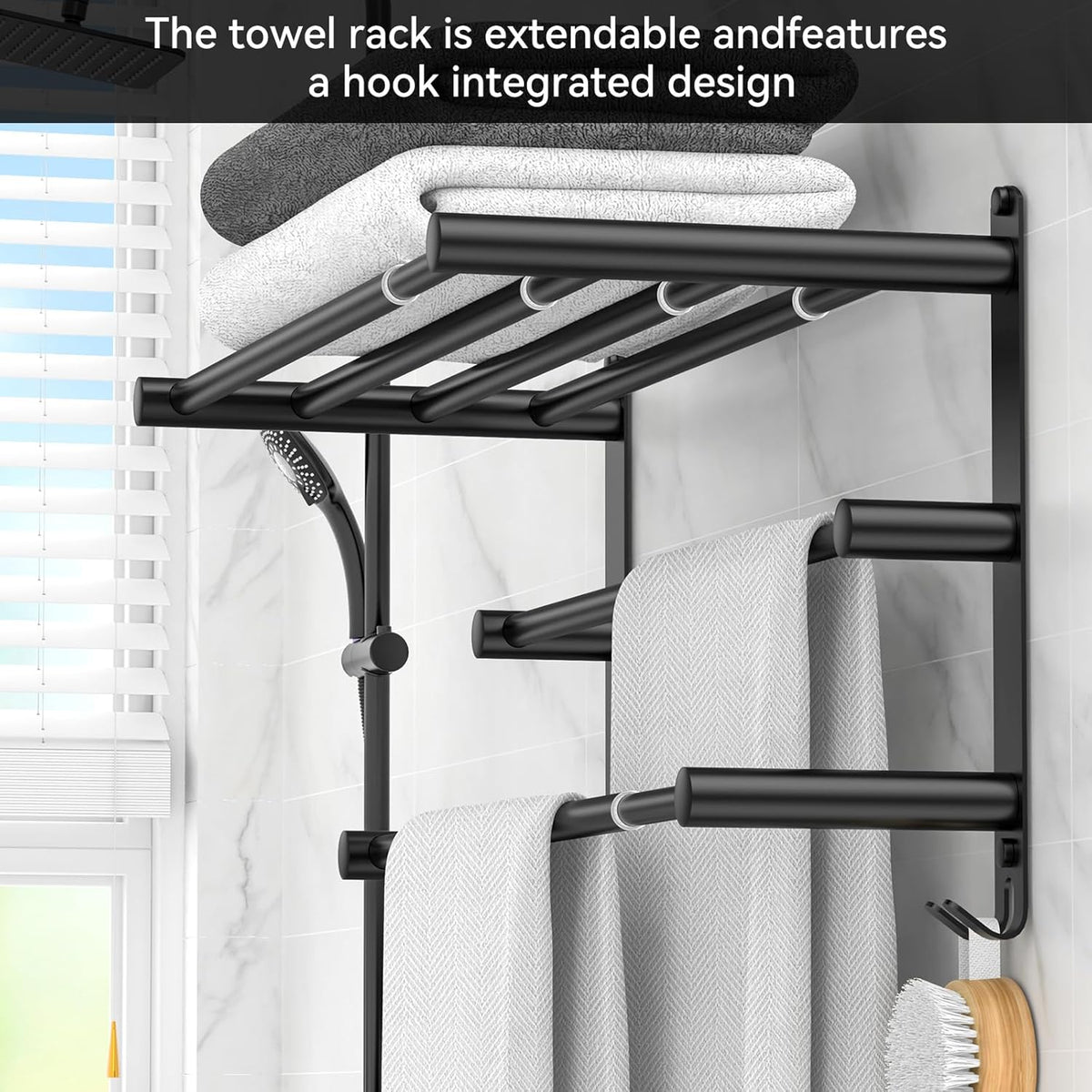 Adjustable Towel Bar for Bathroom Wall Mount17-30.7inch Adhesive Shower Towel Rack Stainless Steel Bath Towel Holders for Toilet Kitchen Double Towel Hanger (Black 3-Layer Towel Rack)