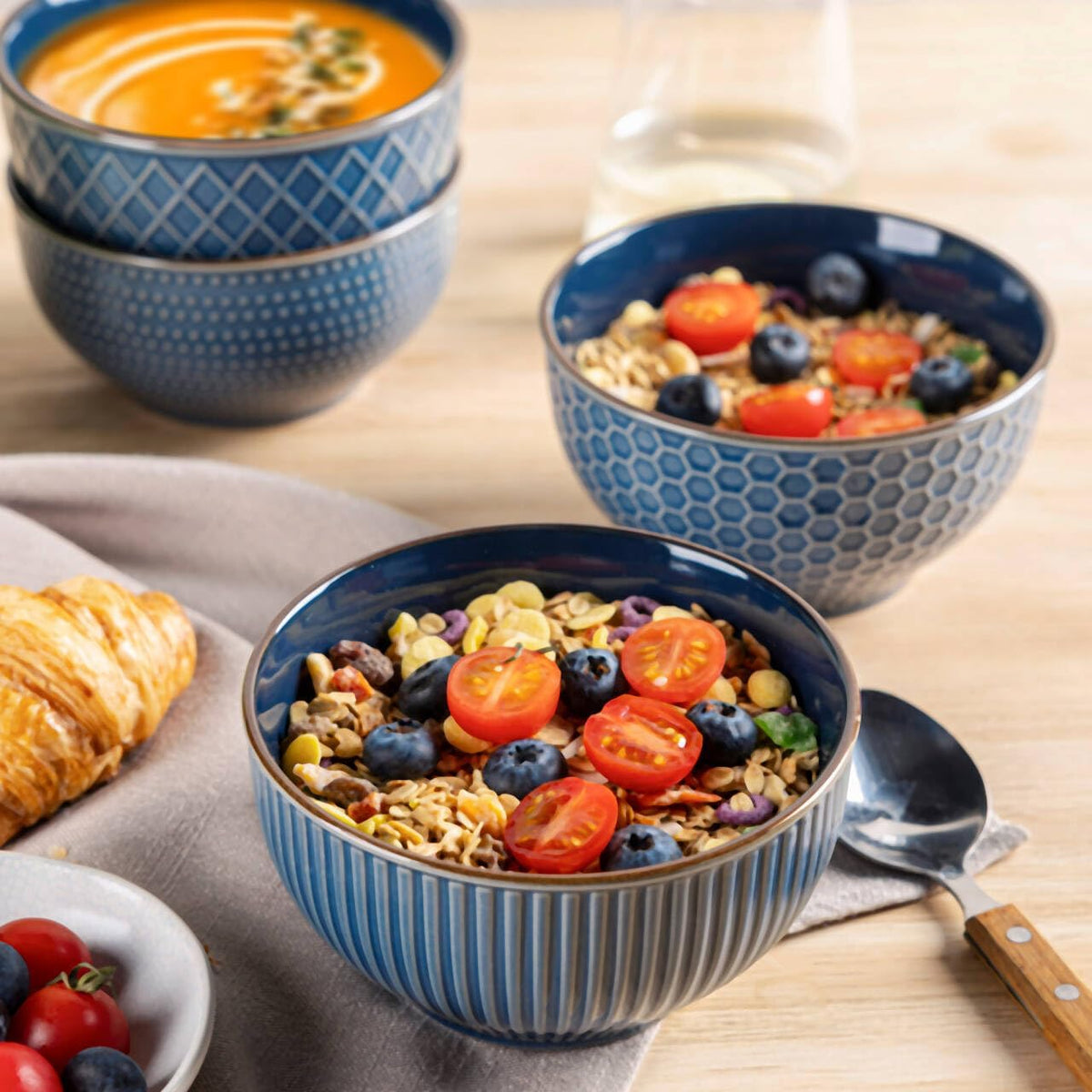 GBHOME Stoneware Cereal Bowls Set of 4, 24 oz Ceramic Soup Bowls with Texture Patterns for Soup,Oatmeal,Snack Perfect for Wedding, House-warming Gift - Moonlight Blue