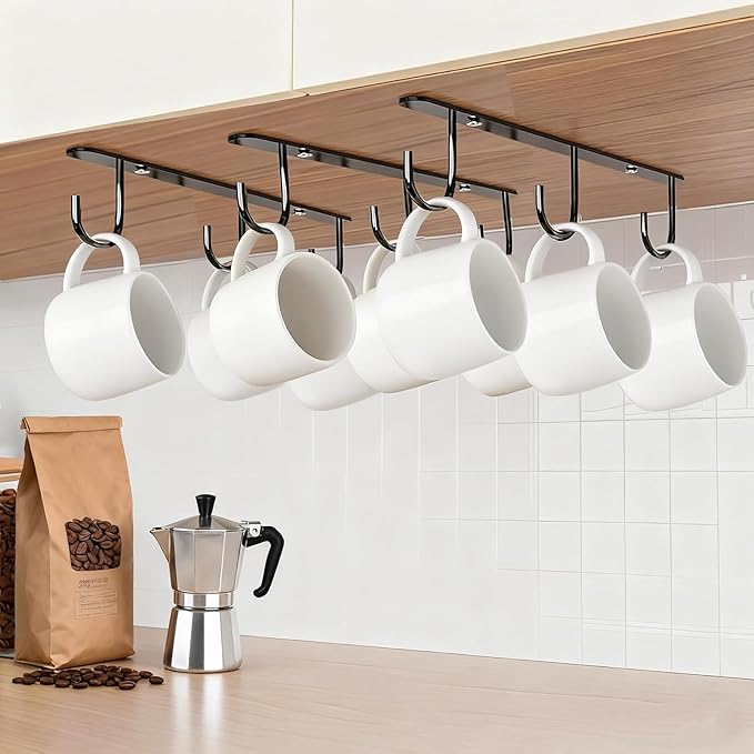 3pcs Under Cabinet Mug Hooks,Adhesive/Screw 2 Ways Install Mug Holder,Coffee Cups Hook with 9 Hooks,Mug Organizion Rack for Displaying Mugs/Cups/Kitchen Utensils (Black)