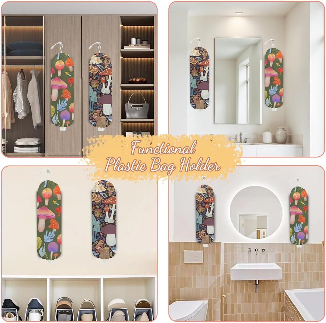 2 Pcs Mushroom Plastic Bag Holder, Wall Mount Grocery Bag Holder for Plastic Storage bag, Large Reusable Grocery Bags Storage Dispenser for Home Kitchen, Cute Mushroom Gifts for Women Wife Grandma
