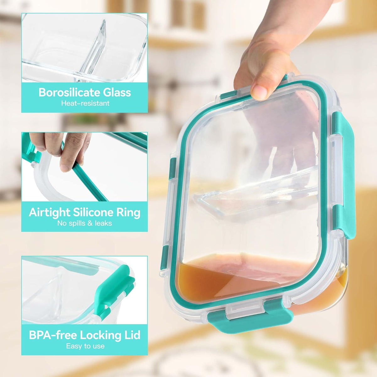 BAYZZ 5 Pack 35 Oz Glass Meal Prep Containers 2 Compartments, Glass Storage Containers with Lids, Airtight Lunch Bento Boxes, BPA-Free, Microwave and Freezer Safe,Green