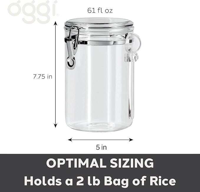 OGGI Clear Canister Airtight 61oz - Clamp Lid & Spoon - Airtight Food Storage Containers, Ideal for Kitchen & Pantry Storage of Bulk, Dry Food Including Flour, Sugar, Coffee, Rice, Tea, Spices & Herbs