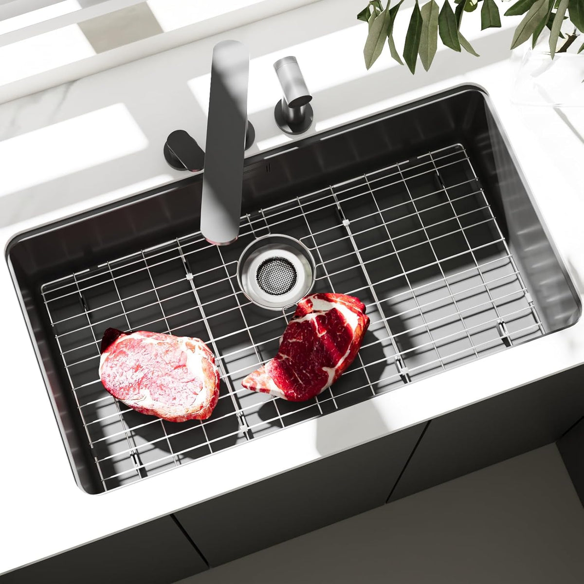27-9/16" x 14-9/16" Stainless Steel Sink Protector, Sink Protectors for Kitchen Sink, Sink Grid, Sink Grate for Bottom with Rear Drain, Metal Sink Rack for Bottom of Sink with Corner Radius 3/16"