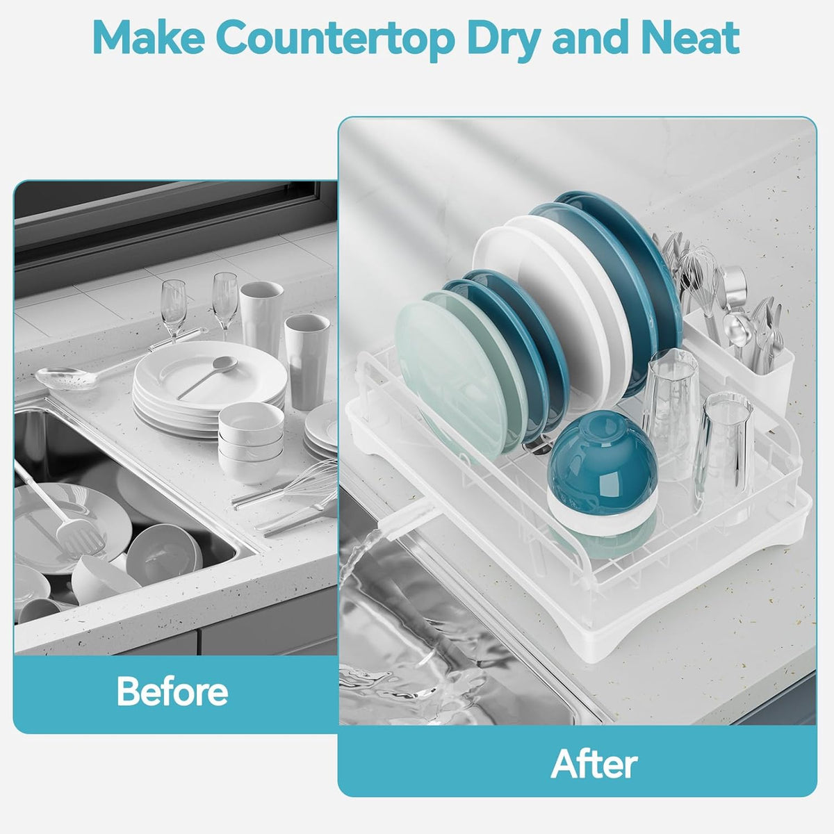 Dish Drying Rack Kitchen - Dish Racks for Kitchen Counter Space-Saving, Dish Drainer with Automatic Drain and Adjustable Spout, Dishwasher Rack with Cutlery Holder, Easy to Install, White