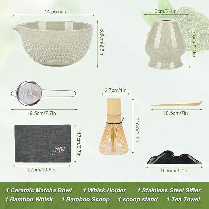 Matcha Whisk Set,7 Pcs Ceramic Set Includes Matcha Bowl,Matcha Whisk and Holder, Bamboo Scoop, Scoop Rest, Sifter and Tea Towel, Perfect Kit for Matcha lovers