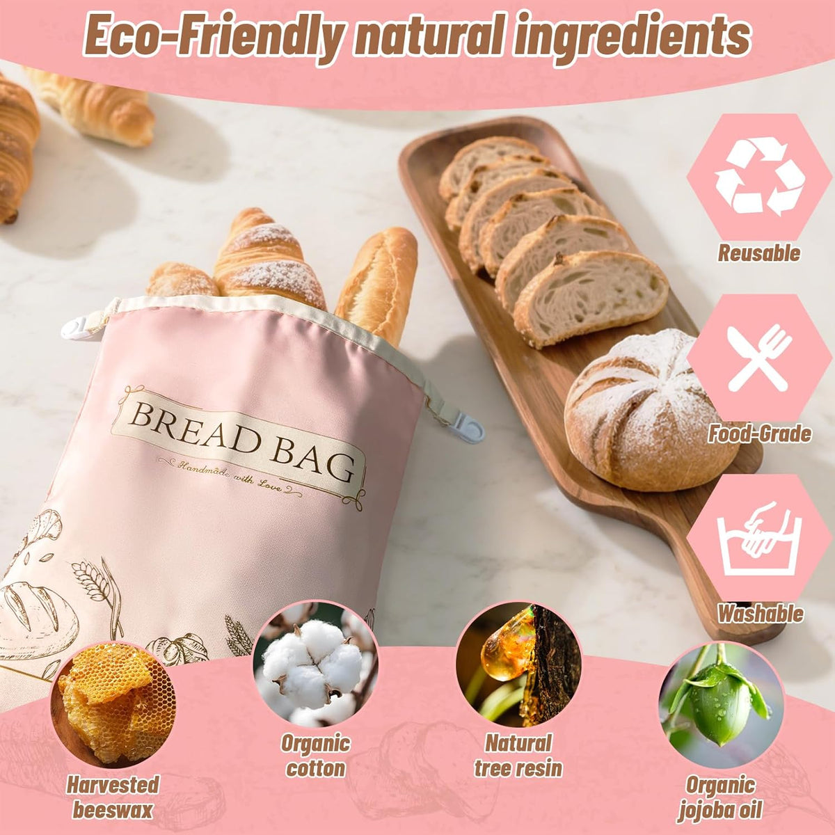 Pink Reusable Beeswax Bread Bag, 2 Pack, 13”x17” XL Cotton Fabric Bread Storage Solution, Eco-Friendly & Freezer Safe, Keep Breads Fresh Longer, Gift idea for women