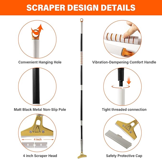 Gomake 4" Wide Razor Blade Scraper Tool with Adjustable 16''-58"(1.3ft -4.8ft) Long Handle, 20PCS Extra Metal Blades, Cleaning Glass Wall Scraper, Painting stripping tools, Tile, Floors, Walls