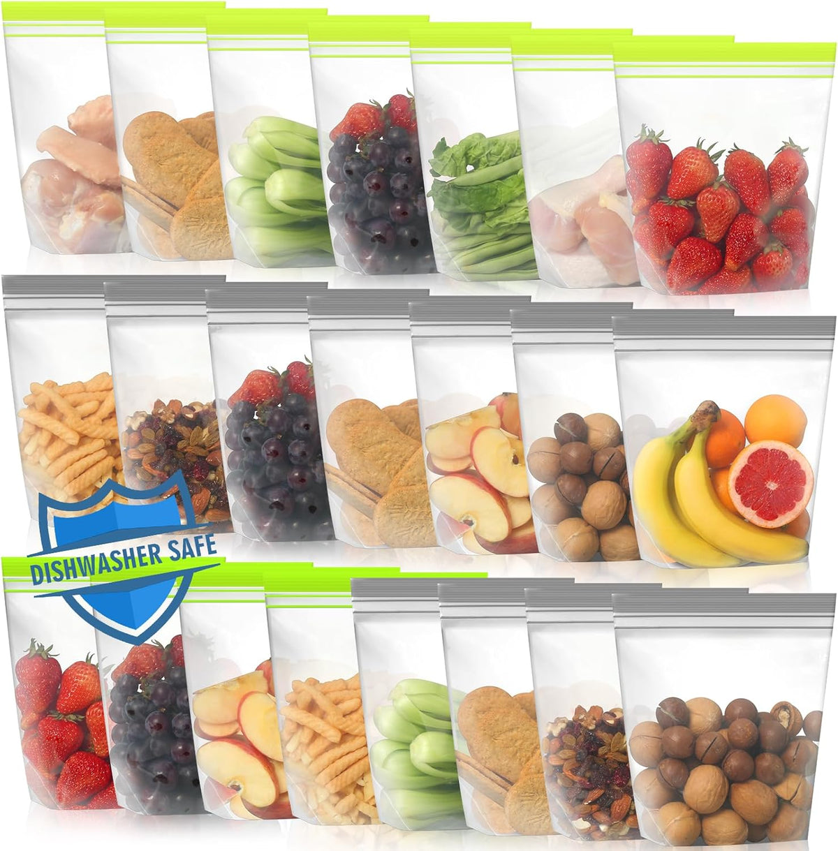 Lerine 22 Pack Reusable Sandwich Bags Dishwasher Microwave Safe, Stand Up Reusable Bags BPA Free, Leakproof Food Storage Quart Bags for Cereal, Lunch, Vegetables, Fruits