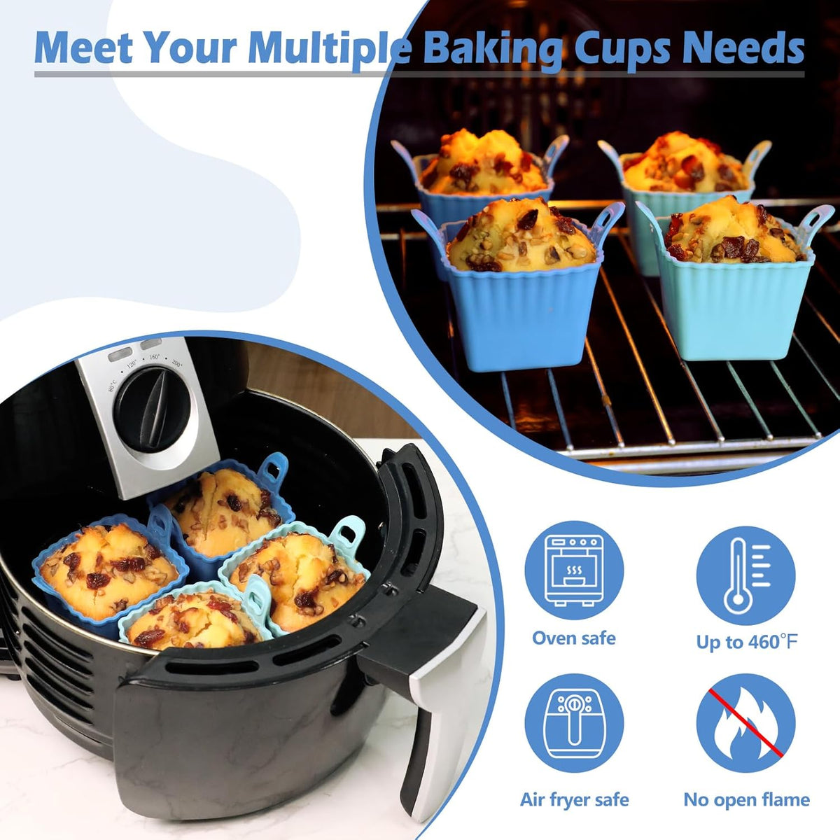 Koluti Reusable Silicone Baking Cups Set of 4, Nonstick Muffin Cupcakes Mold with Double Handle, BPA Free, Small Square Air Fryer Cupcake Liners, 2 Color