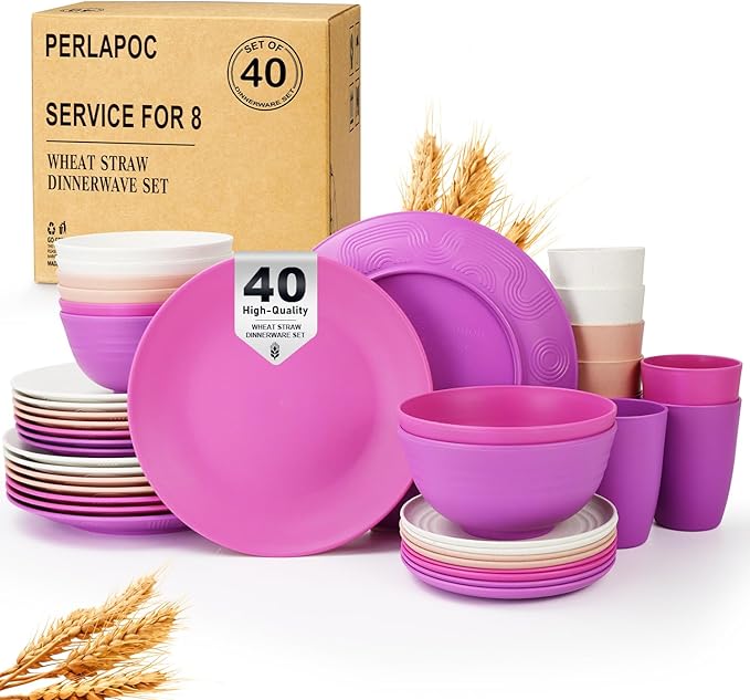 Wheat Straw Dinnerware Sets 40 PCS Bowl and Plate Sets With Cup Dishes Set for 8 Unbreakable Dish Sets Microwave Safe Plates Dinner Bowls Drinking Glasses With 4 Color - Flower Color