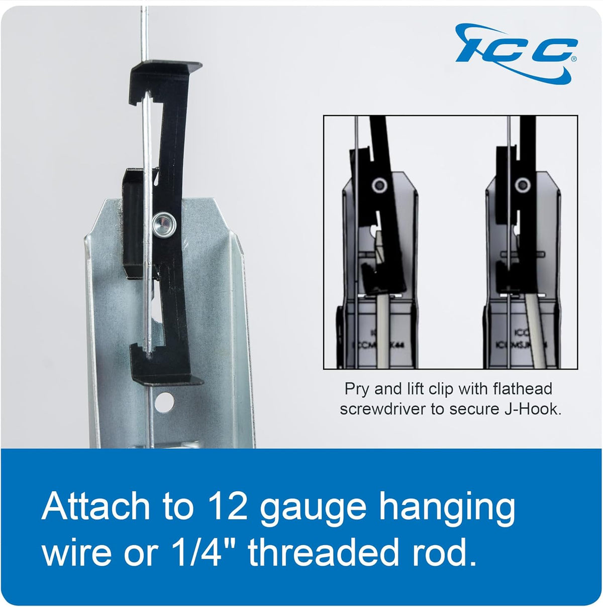 ICC Batwing J Hook 1 5/16” Without Retainer Clip - Galvanized Steel Cable Management Hooks for Hanging Cable to Hanger Wire and Threaded Rod - Rust-Resistant, EIA and TIA Compliant, 1 5/16 in 25 Pack