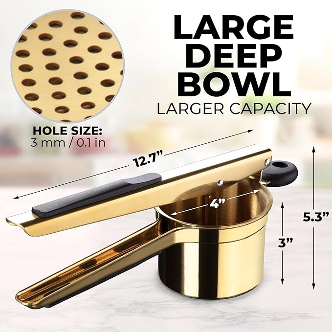 Zulay Kitchen Premium Large 15oz Potato Ricer, Heavy Duty Professional Stainless Steel Potato Masher and Ricer Kitchen Tool, Press and Mash Kitchen Gadget - Gold/Black