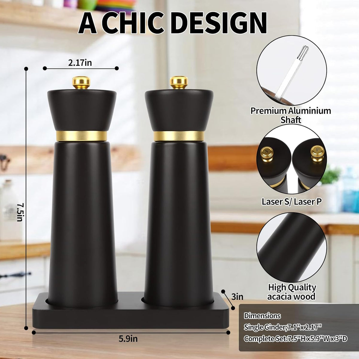 Wooden Pepper Grinder, Salt grinder Refillable with adjustable Coarseness, Acacia Wood pepper grinder manual, Salt and Pepper Shakers-Ideal for Gifting
