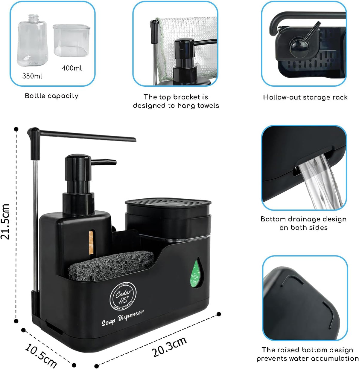 Kitchen Hand and Dish Soap Dispenser Set (Black) – Dual Pump Bottles with Sponge Caddy, Brush Holder, Towel Bar & Drain Rack – Space-Saving Countertop Organizer for Sink & Bathroom