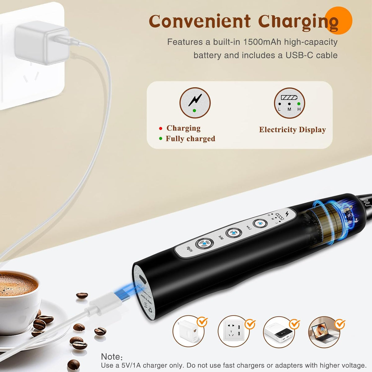 Milk Frother Handheld Rechargeable, Frother Wand Drink Mixer Electric Whisk for Coffee, Detachable With 3 Stainless Whisks, Hand Mixer for Lattes, Cappuccino, Matcha, Egg, No Stand, Black
