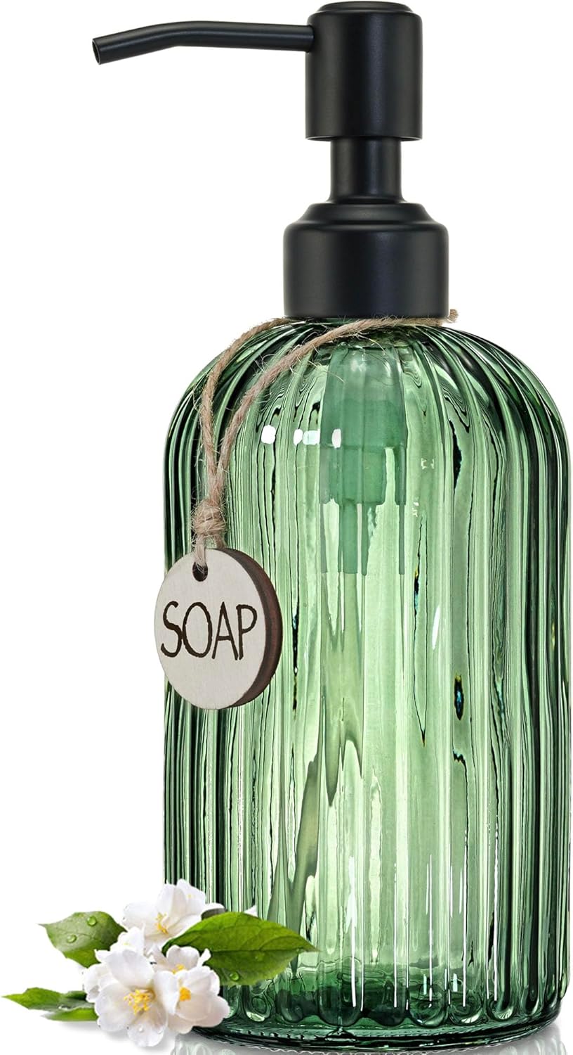 JASAI 18Oz Green Glass Soap Dispenser with Black Rust Proof Pump, Refillable Bathroom soap Dispenser with Thick Glass, Soap Dispenser Bathroom for Kitchen Dish soap, Hand Soap, Lotion, Body Wash.