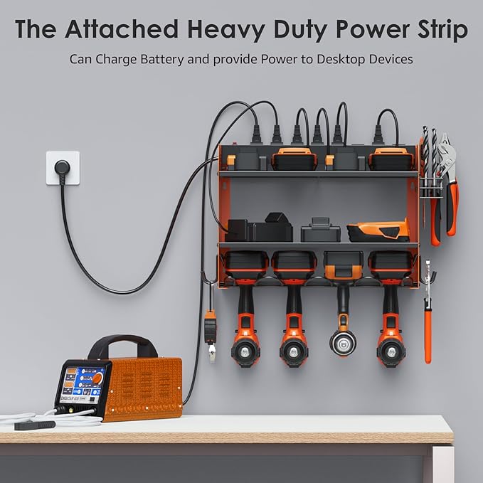 CCCEI Modular Power Tool Organizer Wall Mount with Charging Station. Garage Drill Storage Shelf with Hooks, Heavy Duty Rack, Tool Battery Holder Built in 8 Outlet. Gift for Men. Orange, 1 Pack.