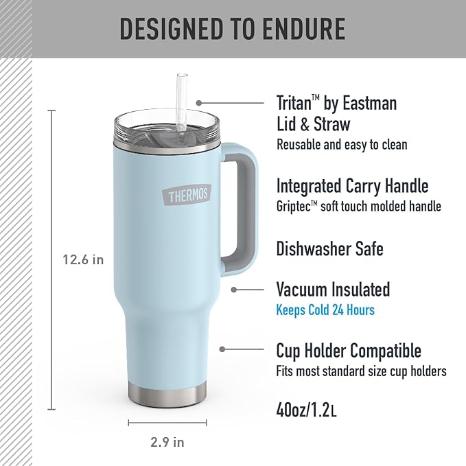 THERMOS Stainless Steel Cup Holder Mug - 40 Ounce, Glacier - Insulated Tumbler with Lid and Straw, Plus Leak-Resistant Slide Lock
