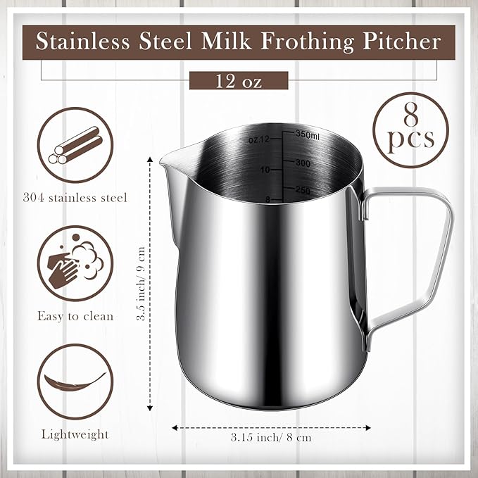Dandat 8 Pcs Milk Frothing Pitcher Espresso Steaming Pitchers 12 Oz Stainless Steel Milk Steamer Cup Frother Jug for Espresso, Latte Art, Chai Cappuccino Hot Chocolate