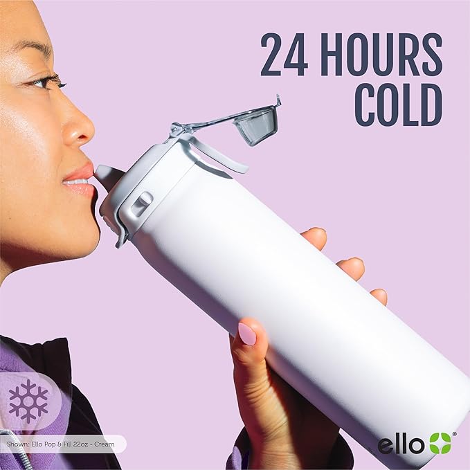 Ello Pop & Fill 40oz Stainless Steel Water Bottle with Quick Fill Technology, Double Walled and Vacuum Insulated Metal, Leak Proof Locking Lid, Sip and Chug, Reusable, BPA Free, Aurora