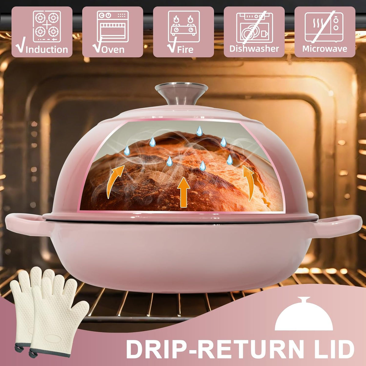 AHJ 6QT Dutch Oven For Bread Baking, Enameled Cast Iron Dutch Oven Pot with Lid, Multi-Functional Bread pan, Sourdough Baking Supplies with Proofing Basket, Cast Iron Bread Oven, Silicone Sling & Gloves.