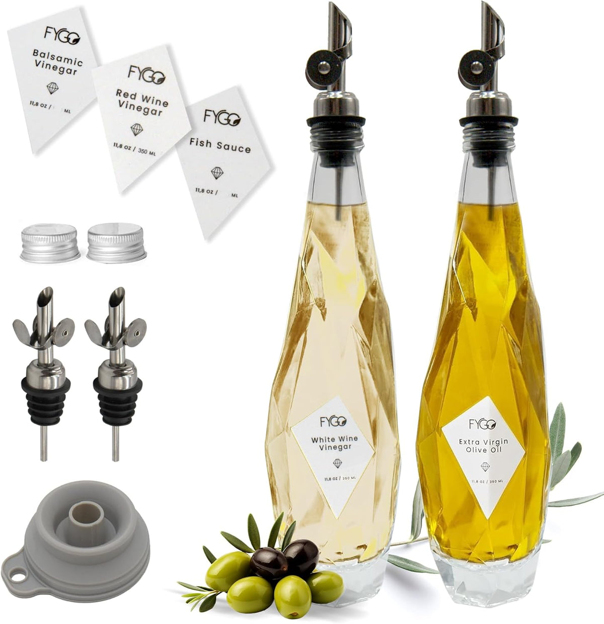 FYGO Diamond Lux Olive Oil Bottle Dispenser - Oil and Vinegar Container Set With Pourer and Funnel - Glass Bottle for Kitchen - 350ml - Set of 2