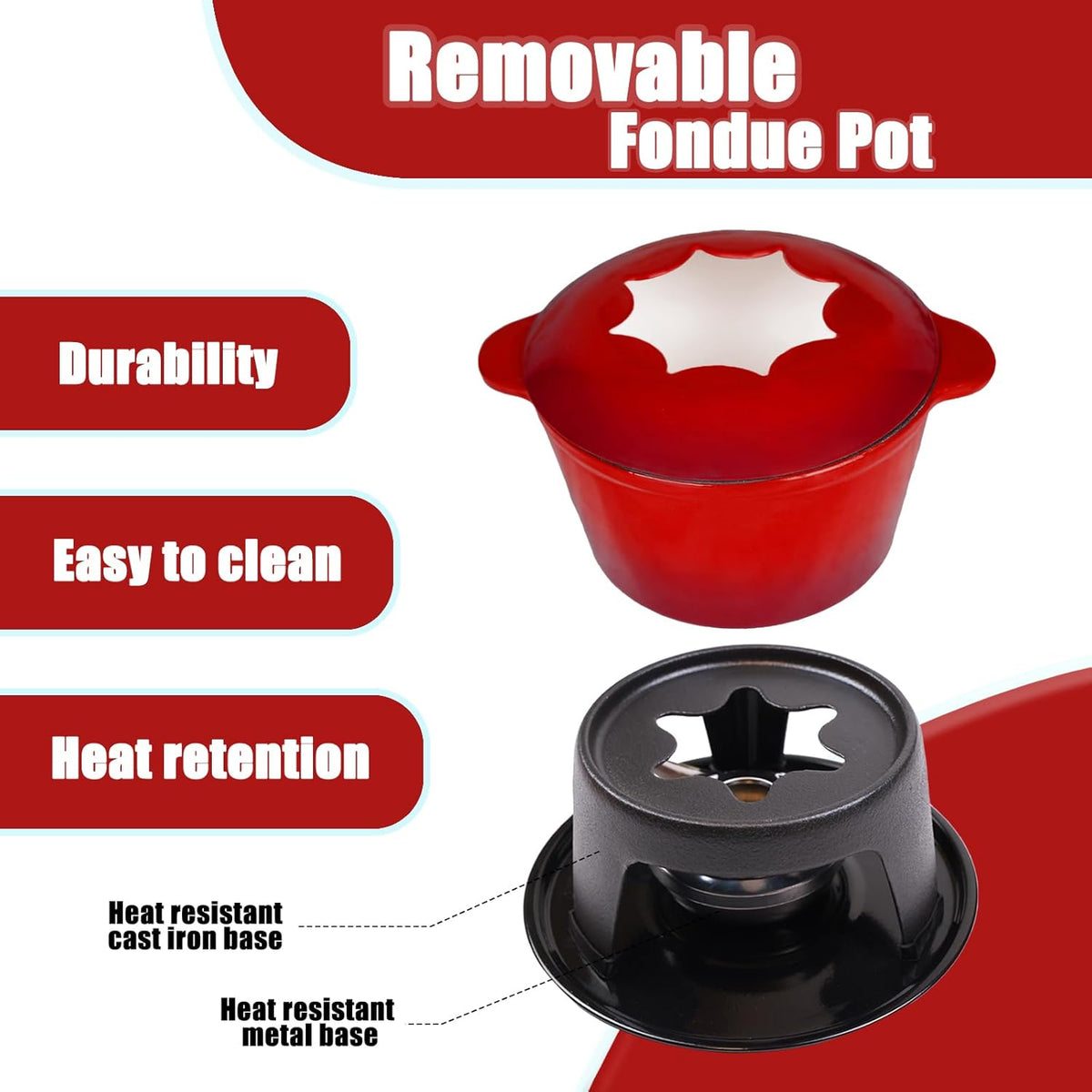 Mabeeze Cast Iron Fondue Pot Set for Cheese, Chocolate or Meat - Red Enameled 1.6 Qt Pot - Includes 6 Fondue Forks