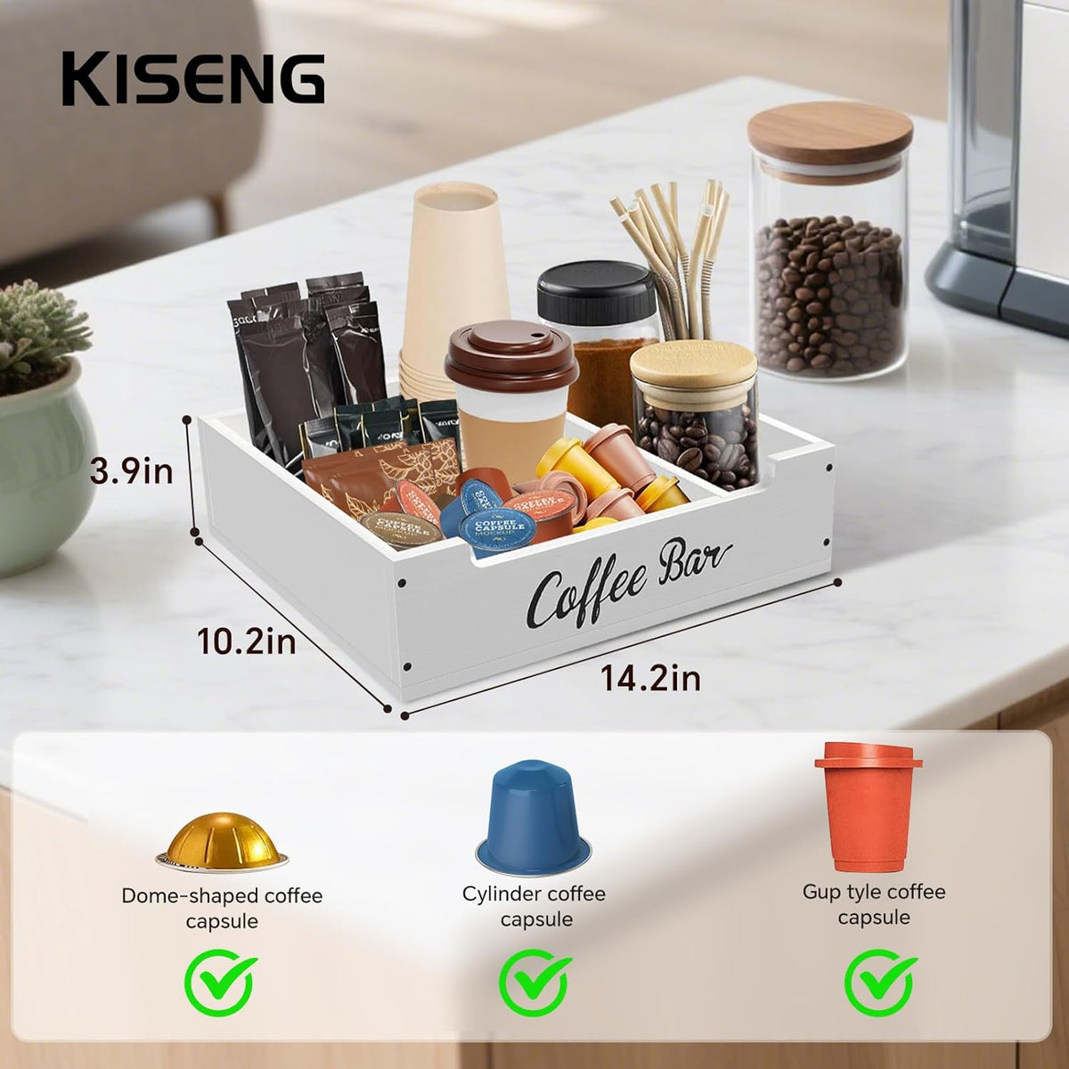 Coffee Pod Bar Station Wooden 14" X 10" X 4" Organizer Box for Countertop, Counter Top Tea Espresso Cup Wood Storage Box, White