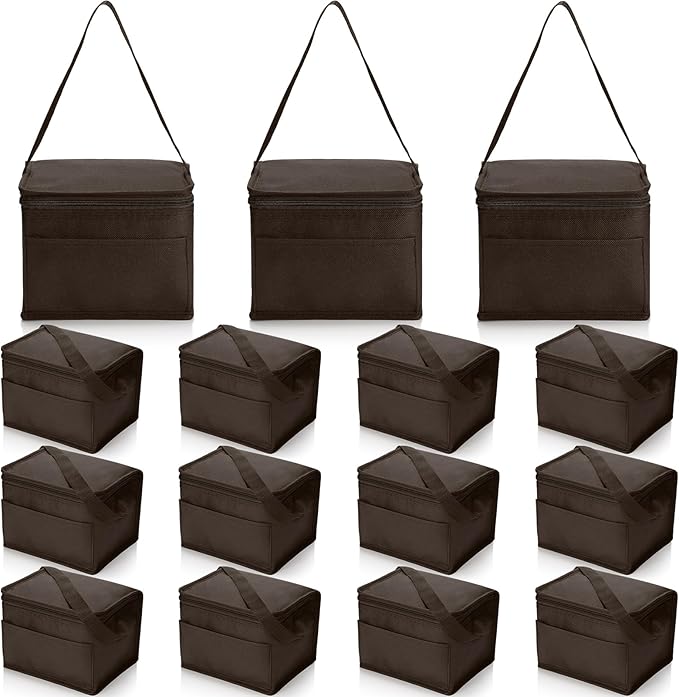 Nuogo 15 Pack Insulated Lunch Bags Bulk, Reusable Cooler Boxes, Leakproof Lunch Boxes Set, Waterproof Thermal Coolers, Insulated Beverage Bag for Women Men Work School Picnic Beach(Brown)