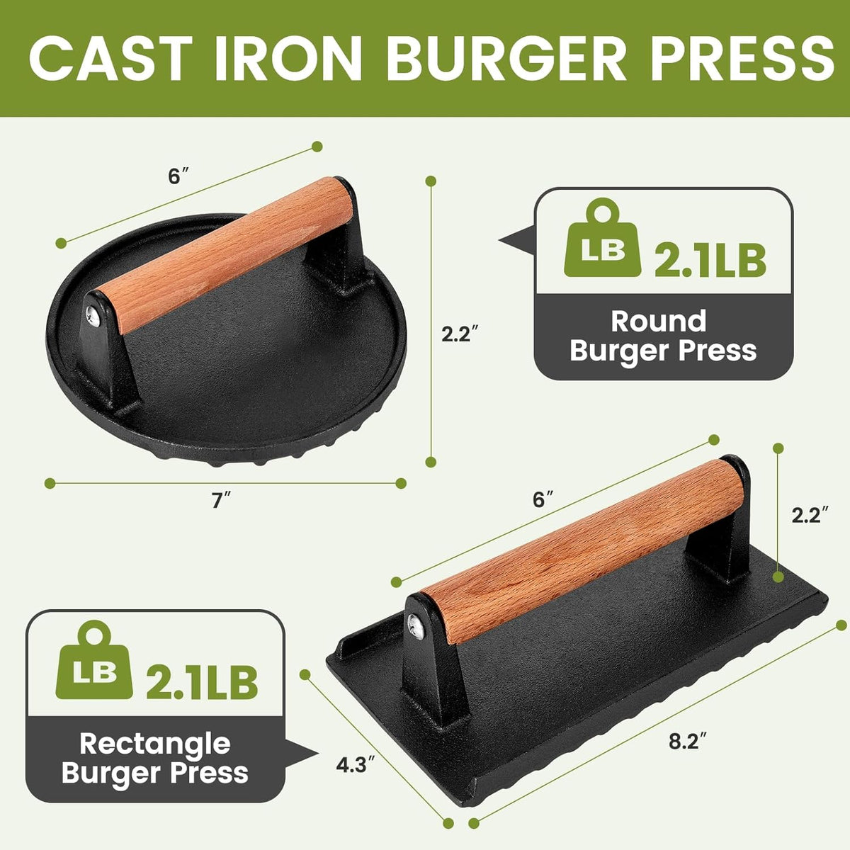 Blackstone Burger Press Set - 7" Round smash burger press & 8.3"x4.3" Rectangle Cast Iron Grill Press with Wooden Handle - Smasher is perfect for Blackstone Griddle, Pitboss Weber Griddle Grills