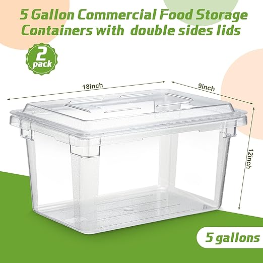 2 Pack 5 Gallon Polycarbonate Food Storage Box 18 x 12 Inch Commercial Food Storage Container Clear Vegetable Fruit Food Safe Storage Tote for Kitchen Restaurant Cafeteria