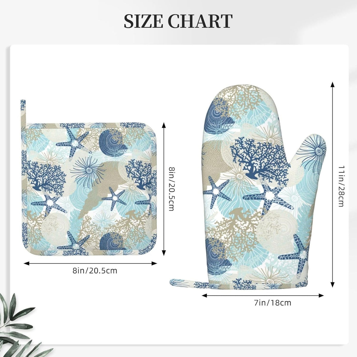 Nautical Coastal Oven Mitts and Pot Holders Set of 4 Silicone Starfish Seashell Coral Algae Beach Themed Blue Kitchen Mitten Gloves Potholders Set Oven Gloves Hot Holders for BBQ