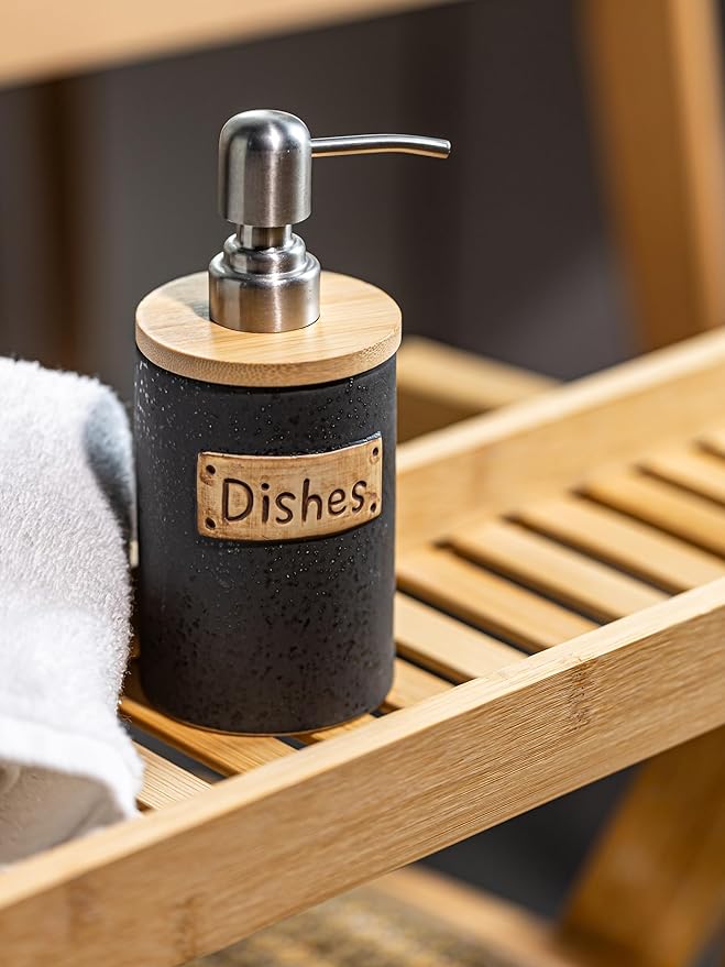 Kitchen Soap Dispenser Set, Ceramic Hand and Dish Soap Dispenser for Bathroom, Includes Instant Dry Tray, Collapsible Funnel, 15 Oz, Black