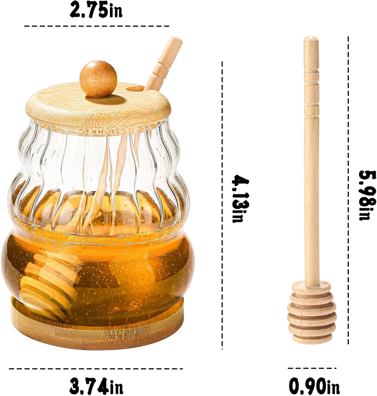 Glass Honey Pot Honey Jar witn Dipper and Wooden Lid, Honey Dispenser for Home,Tea Shops,Cafes, Restaurants (1)